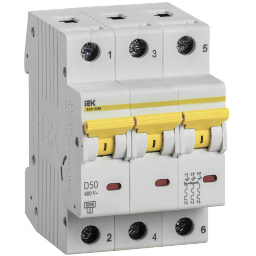Выключатель автоматический трехполюсный ВА47-60M 3Р 50А 6кА D | MVA31-3-050-D | IEK