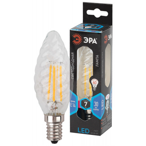 Лампа светодиодная F-LED BTW-7W-840-E14 (филамент, свеча витая, 7Вт, нейтр, E14) | Б0027961 | ЭРА
