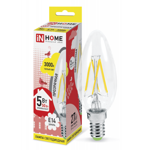 Лампа светодиодная LED-СВЕЧА-deco 5Вт 230В Е14 3000К 450Лм прозр | 4690612007564 | IN HOME