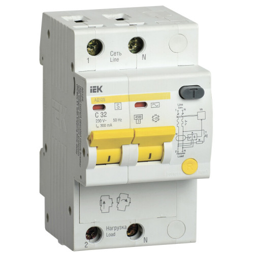 Выключатель автоматический дифференциального тока АД12S 2п 32А C 300мА тип AC (3 мод) | MAD13-2-032-C-300 | IEK