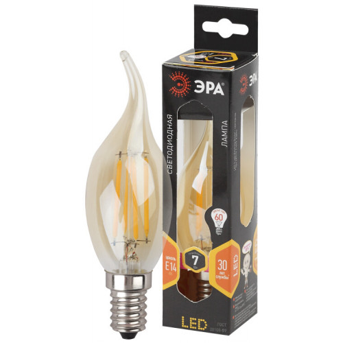 Лампа светодиодная F-LED BXS-7W-827-E14 gold (филамент, свеча на ветру золот., 7Вт, тепл, E14) | Б0027965 | ЭРА
