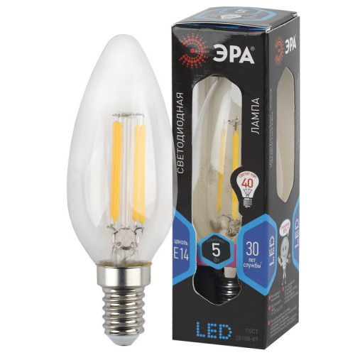 Лампа светодиодная F-LED B35-5W-840-E14 (филамент, свеча, 5Вт, нейтр, E14) | Б0043449 | ЭРА