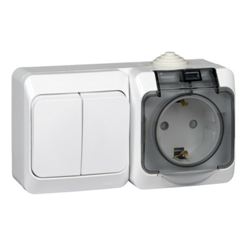 ЭТЮД О/У Белый Блок: Розетка с/з со шторками + выключатель 2-клавишный IP44 | BPA16-242B | Schneider Electric
