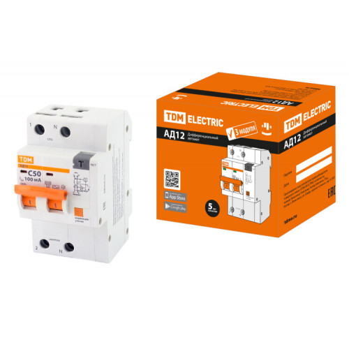 Выключатель автоматический дифференциального тока АД12 2P, C50, 100мА, 4,5кА, тип АС, 3 мод, | SQ0204-0121 | TDM