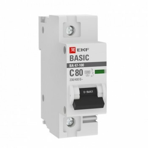 Выключатель автоматический однополюсной 1P 80А (C) 10kA ВА 47-100 EKF Basic | mcb47100-1-80C-bas | EKF