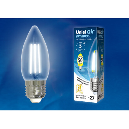 Лампа светодиодная LED-C35-5W/NW/E27/CL/DIM GLA01TR LED диммируемая. 