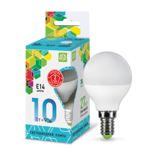 Лампа светодиодная LED-ШАР-standard 10Вт 230В Е14 4000К 900Лм | 4690612015453 | ASD