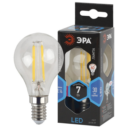Лампа светодиодная F-LED P45-7W-840-E14 (филам, шар, 7Вт, нейтр, E14) (10/100/3000) | Б0049891 | ЭРА