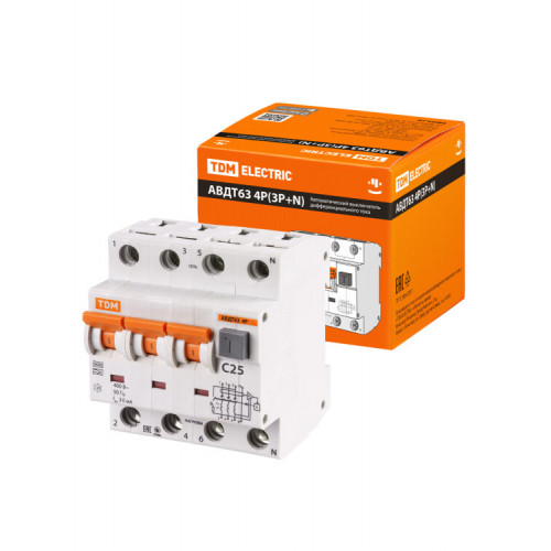 Выключатель автоматический дифференциального тока АВДТ 63 3п+N 25А C 30мА тип A | SQ0202-0018 | TDM