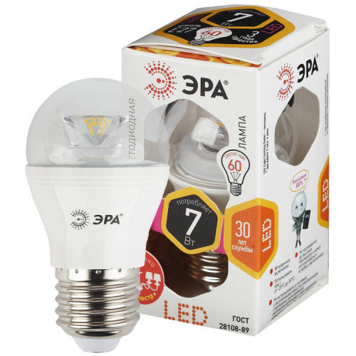 Лампа светодиодная LED P45-7W-827-E27-Clear (диод,шар,7Вт,тепл,E27) | Б0017243 | ЭРА