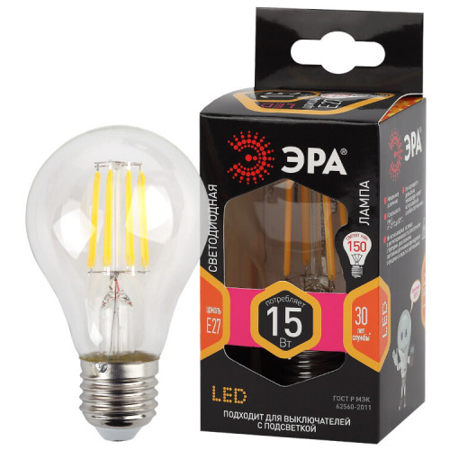 Лампа светодиодная F-LED A60-15W-827-E27 (филамент, груша, 15Вт, тепл, Е27) | Б0046981 | ЭРА