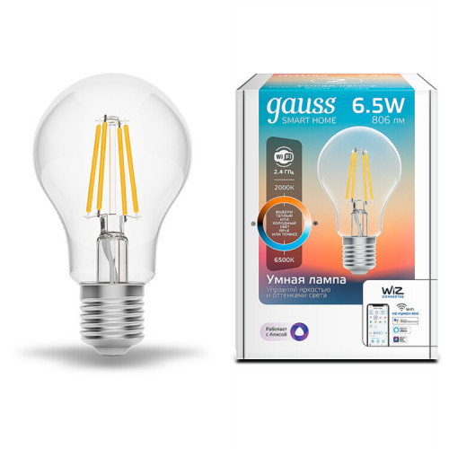 Лампа светодиодная филаментная Smart Home DIM+CCT E27 A60 6,5Вт 2000-6500 К 1/10/40 | 1220112 | Gauss