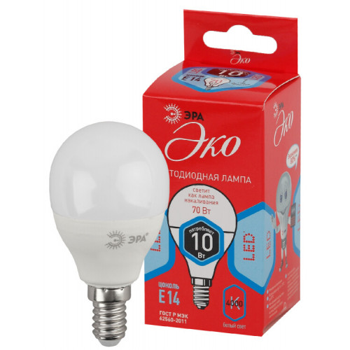 Лампа светодиодная RED LINE ECO LED P45-10W-840-E14 диод, шар, 10Вт, нейтр, E14 | Б0032969 | ЭРА