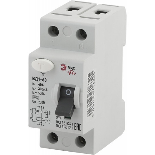 Выключатель дифференциальный (УЗО) (электромеханическое) NO-902-57 ВД1-63 1P+N 40А 300мА Pro | Б0031896 | ЭРА