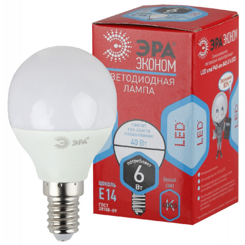 Лампа cветодиодная ECO LED P45-6W-840-E14 (диод, шар, 6Вт, нейтр, E14) (10/100/3000) | Б0019077 | ЭРА