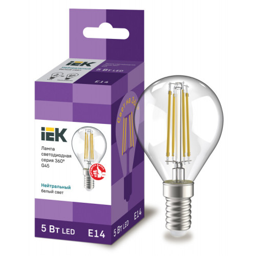 Лампа светодиодная G45 шар прозрачная 5Вт 230В 4000К E14 серия 360° | LLF-G45-5-230-40-E14-CL | IEK
