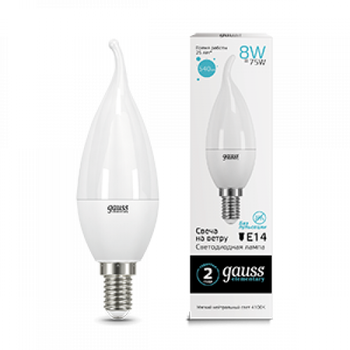 Лампа светодиодная LED 8Вт E14 220В 4100К Elementary свеча на ветру | 34128 | Gauss