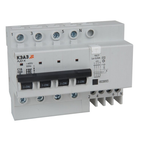 Автоматический выключатель дифференциального тока АД14-41C120-АC-УХЛ4 (4P, C20, 10mA) 4,5кА| 318753 | КЭАЗ
