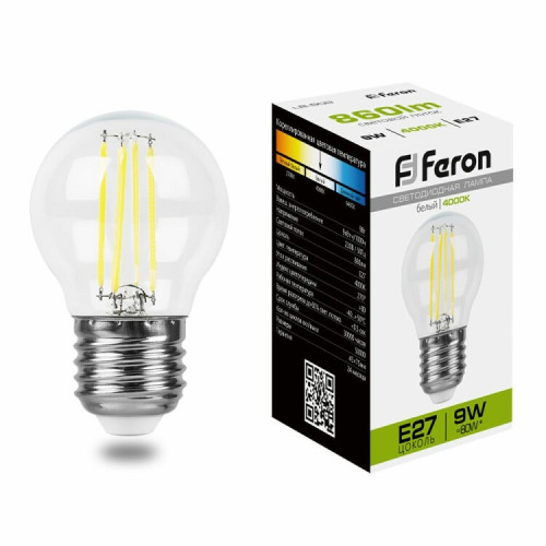 Лампа светодиодная LB-509 (9W) 230V E27 4000K филамент G45 прозрачная | 38004 | FERON