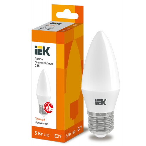 Лампа светодиодная LED 5Вт Е27 220В 3000К C35 свеча | LLE-C35-5-230-30-E27 | IEK