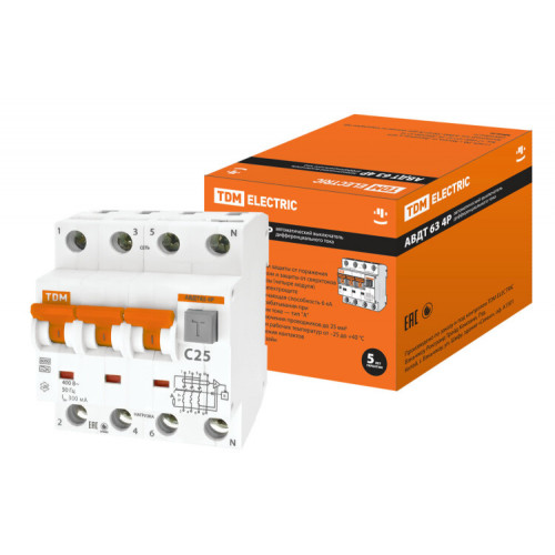 Выключатель автоматический дифференциального тока АВДТ 63 3п+N 25А C 300мА тип A | SQ0202-0026 | TDM