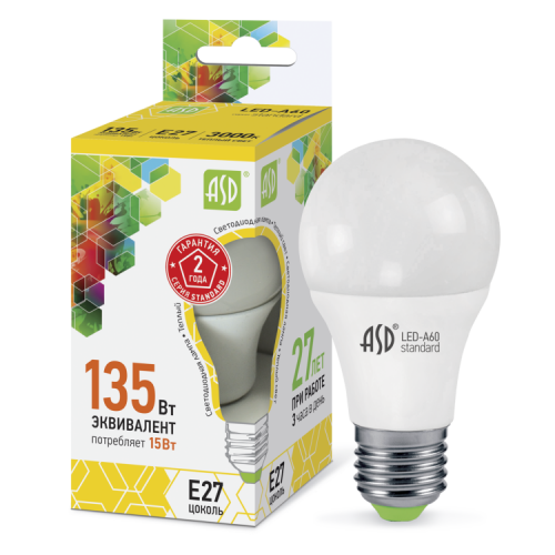 Лампа светодиодная LED-A60-standard 15Вт 230В Е27 3000К 1350Лм | 4690612002088 | ASD