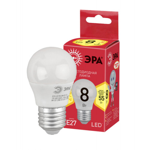 Лампа cветодиодная ECO LED P45-8W-827-E27 (диод, шар, 8Вт, тепл, E27) (10/100/3600) | Б0030024 | ЭРА