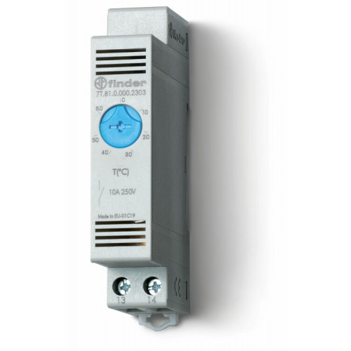 Щитовой термостат для включения охлаждения; диапазон температур 0…+60°C; 1NO 10A; модульный, ширина 17.5мм | 7T8100002303PAS | Finder