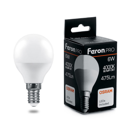 Лампа светодиодная .PRO LB-1406 Шарик E14 6W 4000K OSRAM LED | 38066 | Feron