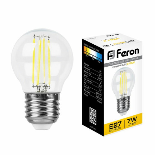Лампа светодиодная LB-52 (7W) 230V E27 2700K филамент G45 прозрачная | 25876 | FERON