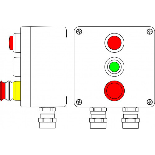 Пост управления из алюминия Аварийная кнопка красная, 1NC/1NO -1 шт.; Кнопка Зелен,1NC/1NO -1 шт; Лампа 20V-250V -1 шт| 2201.171.19.00B | DKC