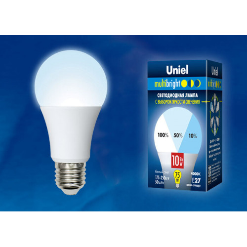 Лампа светодиодная LED-A60-10W/NW/E27/FR/MB PLM11WH LED. «А», матовая. Серия Multibright. 4000K 100-50-10 . | UL-00002372 | Uniel