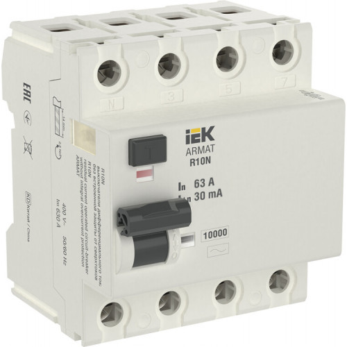 Выключатель дифференциальный (УЗО) R10N 4P 63А 30мА тип AC ARMAT | AR-R10N-4-063C030 | IEK