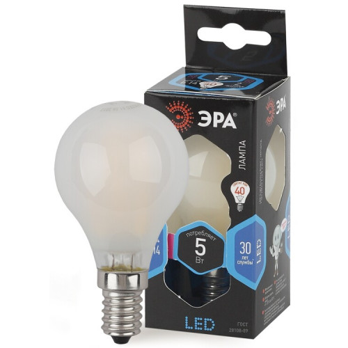 Лампа светодиодная F-LED P45-5W-840-E14 frost (филамент, шар мат., 5Вт, нейтр, E14) | Б0027930 | ЭРА