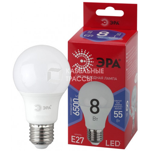 Лампа светодиодная ЭКО LED A60-8W-865-E27 R (диод, груша, 8Вт, хол, E27) | Б0048502 | ЭРА