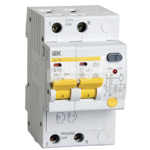 Выключатель автоматический дифференциального тока АД12М 2п 16А B 30мА тип A (3 мод) | MAD12-2-016-B-030 | IEK