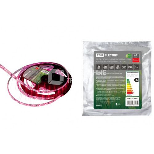 Лента светодиодная SMD2835-60 LED/м-IP20-12 В-4,8 Вт/м-красный (5 м) | SQ0331-0303 | TDM