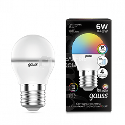 Лампа светодиодная Шар G45 6W E27 RGBW+димирование LED 1/100 | 105102406 | Gauss