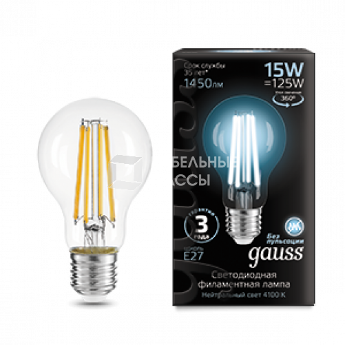Лампа светодиодная Filament А60 15W 1450lm 4100К Е27 LED 1/10/40 | 102902215 | Gauss