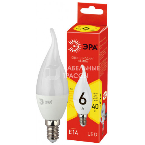 Лампа светодиодная RED LINE ECO LED BXS-6W-827-E14 E14 / Е14 6Вт свеча на ветру теплый белый свет | Б0040881 | ЭРА