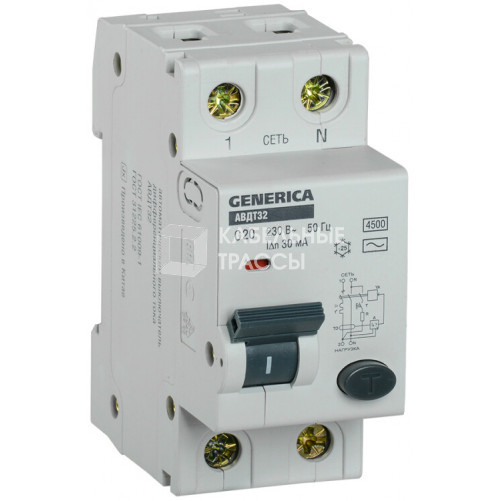 Выключатель автоматический дифференциального тока АВДТ 32 1п+N 20А C 30мА тип AC GENERICA | MAD25-5-020-C-30 | IEK