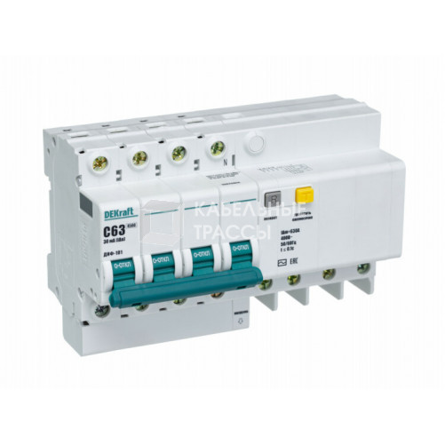 Выключатель автоматический дифференциального тока ДИФ-101 4п 60А C 30мА тип AC (8 мод) | 15026DEK | DEKraft
