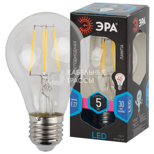 Лампа светодиодная F-LED A60-5W-840-E27 (филамент, груша, 5Вт, нейтр, Е27) | Б0019011 | ЭРА