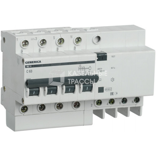Выключатель автоматический дифференциального тока АД14 GENERICA 4п 63А C 300мА тип AC (8 мод) | MAD15-4-063-C-300 | IEK