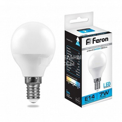 Лампа светодиодная LB-95 (7W) 230V E14 6400K G45 | 25480 | FERON