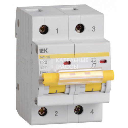 Выключатель автоматический двухполюсной ВА47-100 2Р 20А 10кА х-ка C | MVA40-2-020-C | IEK