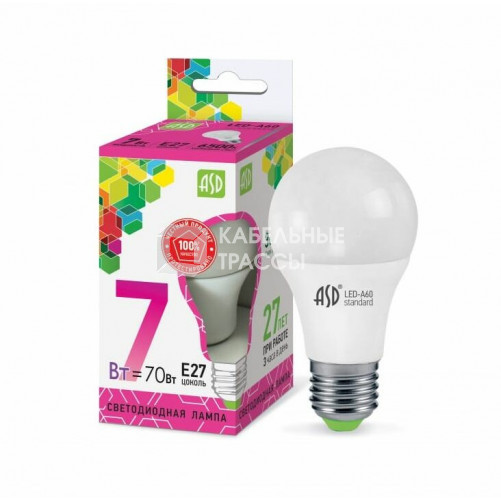 Лампа светодиодная LED-A60-standard 7Вт 230В Е27 6500К 630Лм | 4690612018997 | ASD