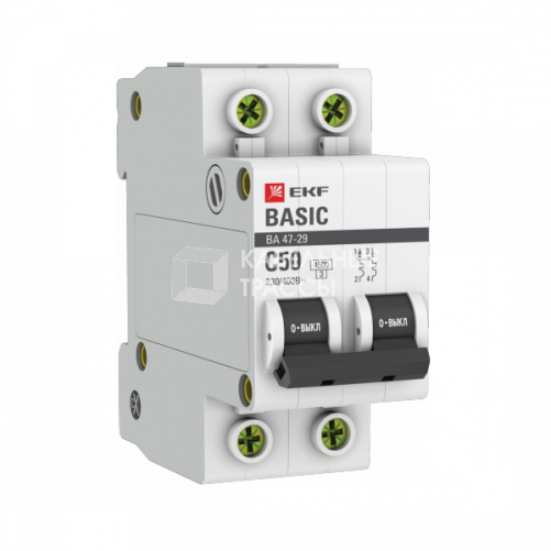 Выключатель автоматический двухполюсный ВА 47-29 50А C 4,5кА Basic | mcb4729-2-50C | EKF