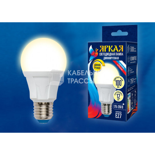 Лампа светодиодная LED-A60 12W/3000K/E27/FR/DIM PLP01WH LED, димм.. 