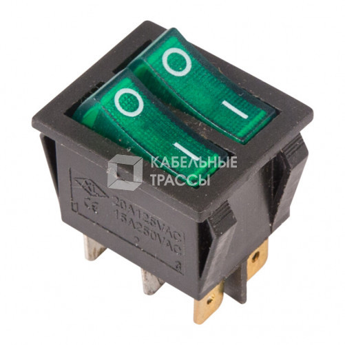 Выключатель клавишный 250V 15А (6с) ON-OFF зеленый с подсветкой ДВОЙНОЙ | 36-2412 | REXANT